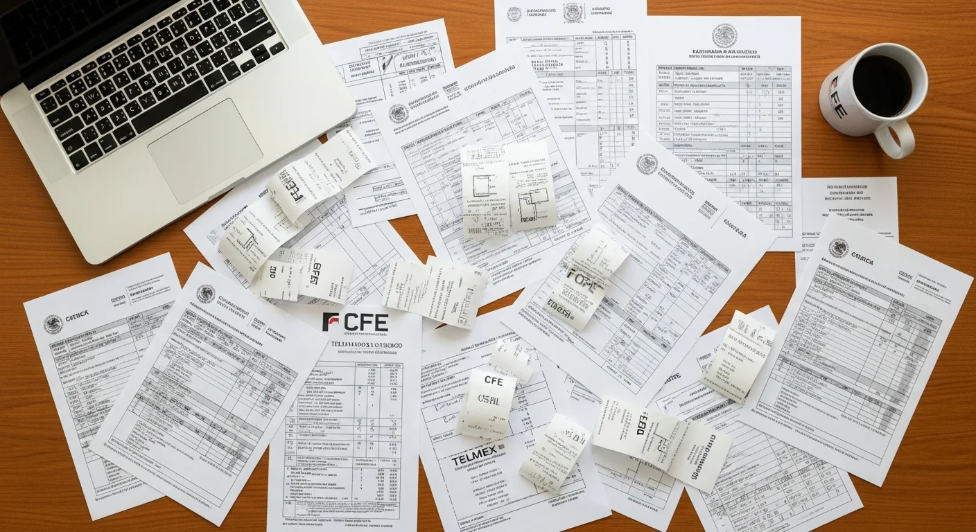 Escritorio con recibos y facturas dispersas — la realidad de un despacho de contadores al cierre de mes.